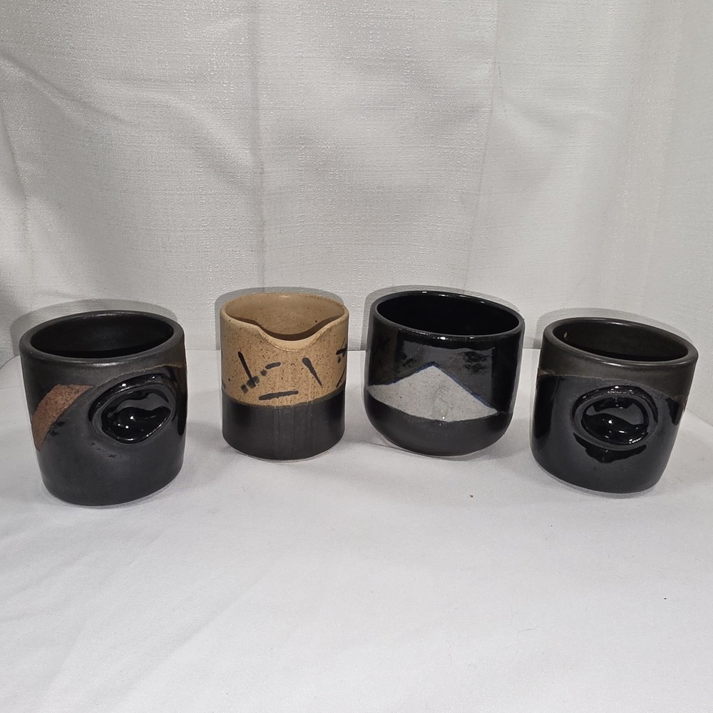 Set Of 4 Modernist Yunomi Japanese Ceramic Stoneware Sake Tea Expresso Cups - Picture 1 of 8